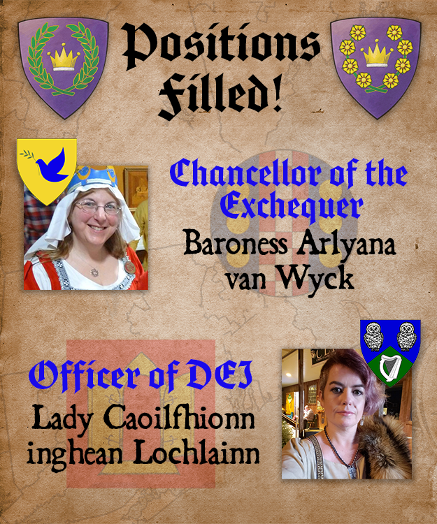 Image of the new exchequer and DEI officer of the East Kingdom, on a scroll texture, including their names, roles, photos and heraldry.