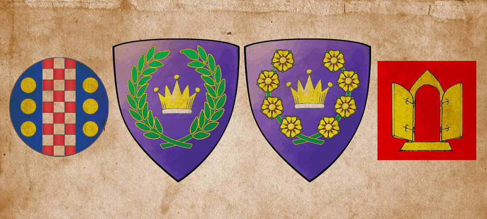 Scroll banner with the East Kingdom king and queen arms on it plus the exchequer and DEI officer devices