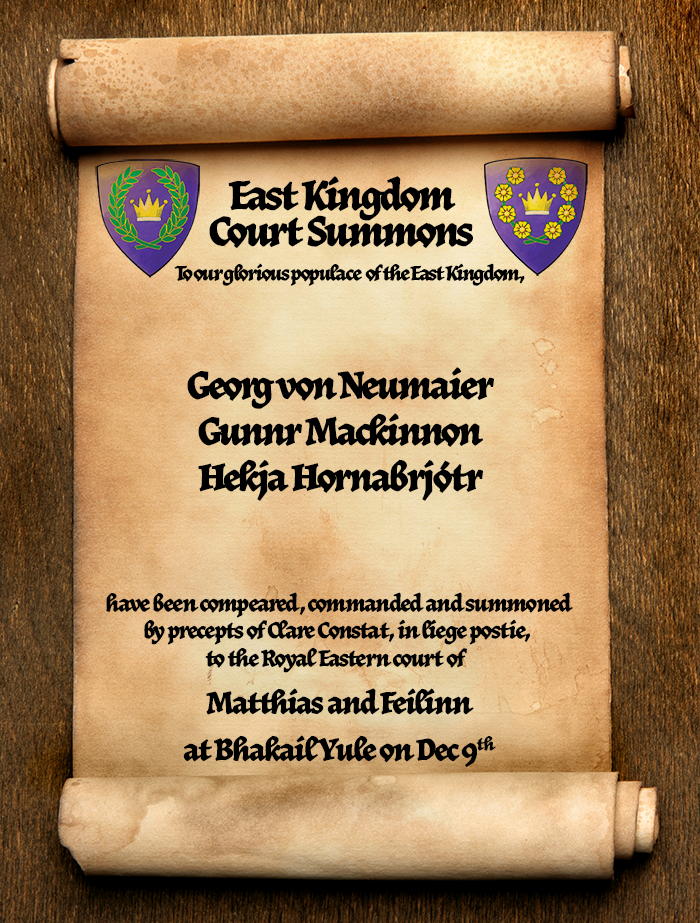 Scroll on a wood background with the names of those summoned to EK Court at Bhakail Yule on 12/9.