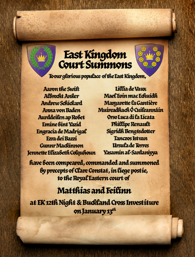Scroll with the list of court summons names for East Kingdom Twelfth Night and Buckland Cross Baronial Investiture