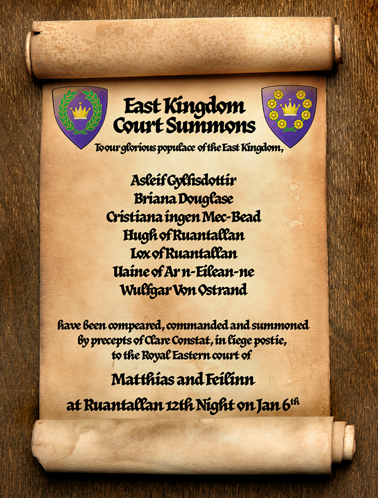 Scroll with the names of those summoned to Ruantallan 12th Night