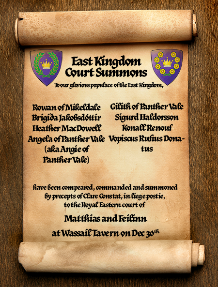 Scroll with the East Kingdom court summons for Wassail Tavern on December 30th.