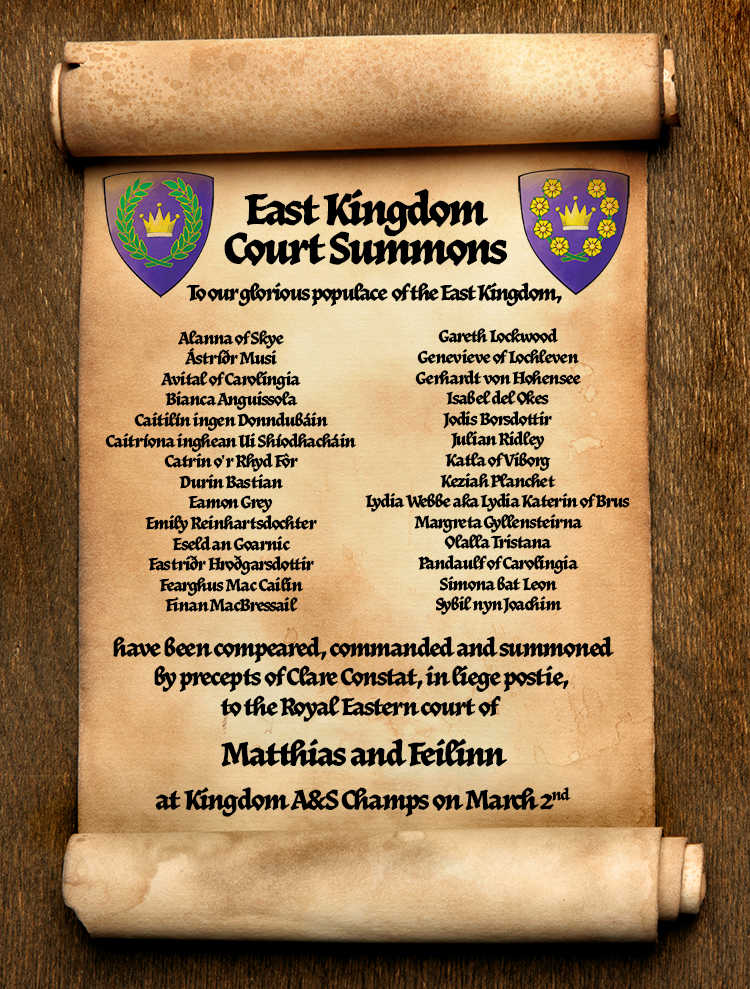 Scroll with the list of names summoned to EK A&S Championship Competition court.