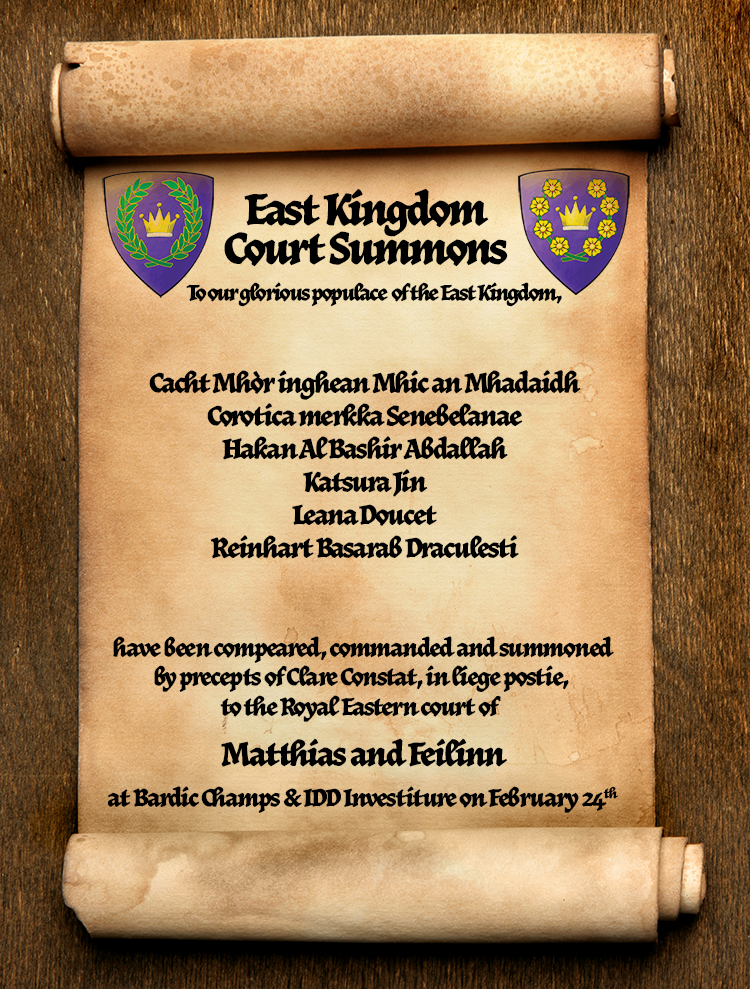 Scroll with the list of names summoned to EK Crown Bardic Champs & IDD Baronial Investiture court.