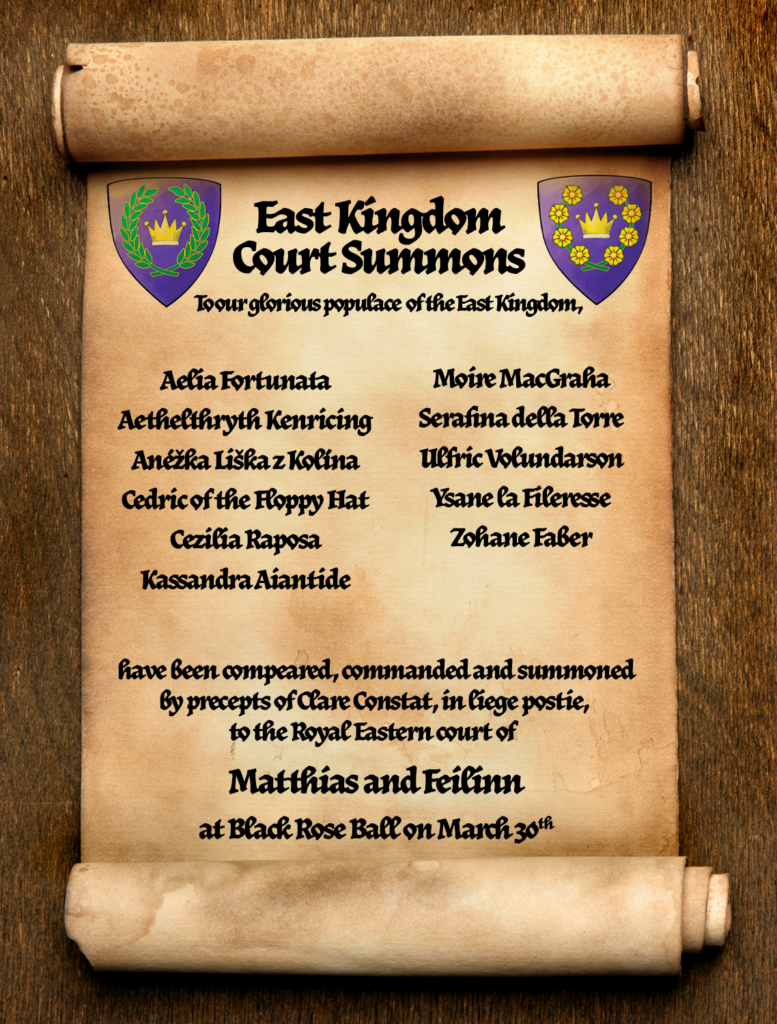 Scroll with the list of names summoned to Black Rose Ball court.